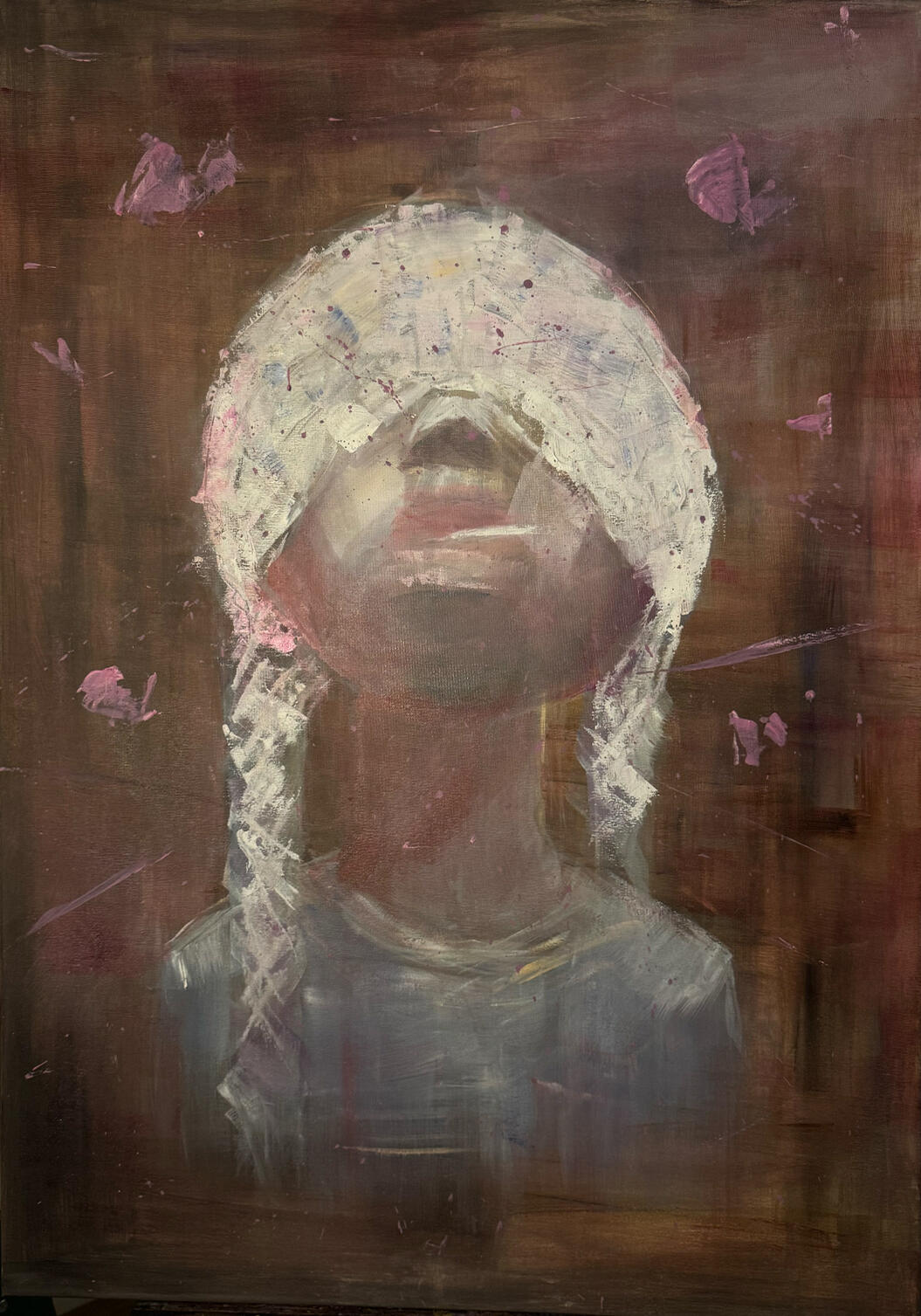 A young girl's head is wrapped in white bandages—the wound becoming an identity, trauma worn externally. In her mouth is a lollipop: the sweetness of childhood functioning as a proxy, occupying the space where words should be. The background is a deep pink