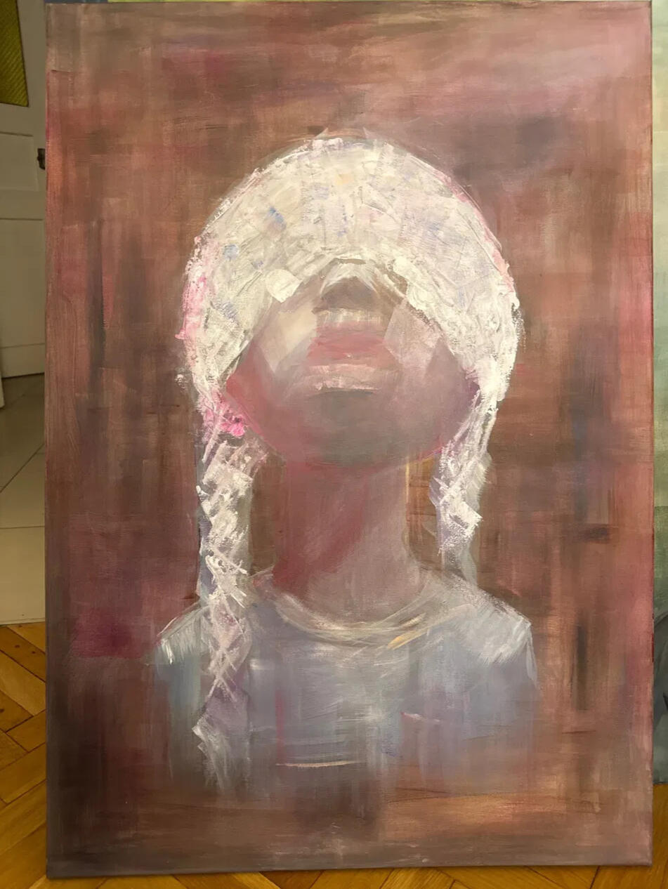 Stolen Childhood A young girl's head is wrapped in white bandages—the wound becoming an identity, trauma worn externally. In her mouth is a lollipop: the sweetness of childhood functioning as a proxy, occupying the space where words should be. The background is a deep pink